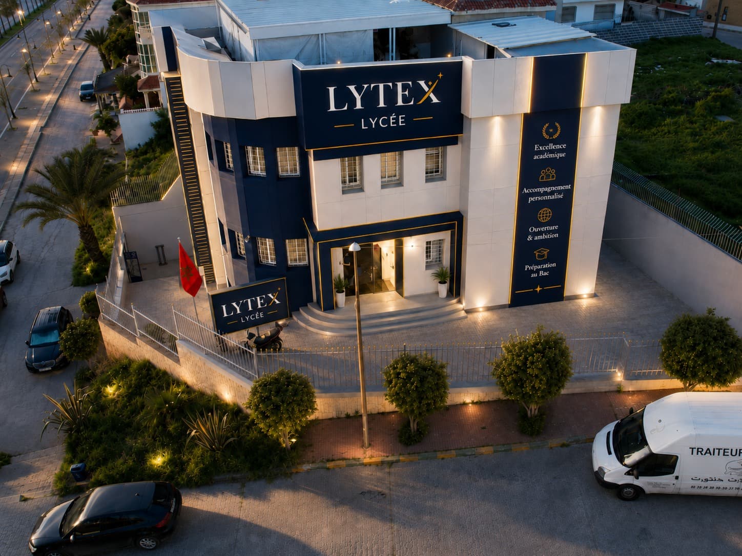Vue aérienne du Lycée LYTEX à Tanger avec sa nouvelle identité